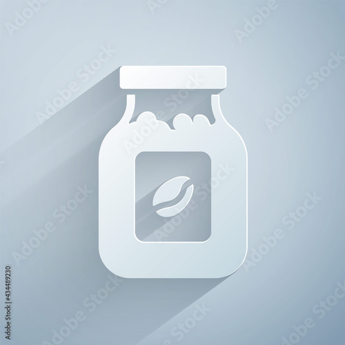 Paper cut Coffee jar bottle icon isolated on grey background. Paper art style. Vector