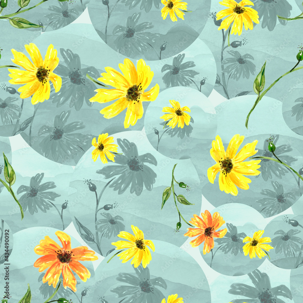 Vintage seamless watercolor pattern of plants. Herbs, chamomile watercolor. flowers cornflowers, chamomile. Field and garden flowers.Hand drawing calendula, sunflower