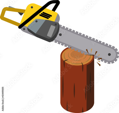 Saw cuts wood. Tool of lumberjack. Care of forest. Woodcutter operation. Harvesting of logs. Rural object. Yellow chainsaw.