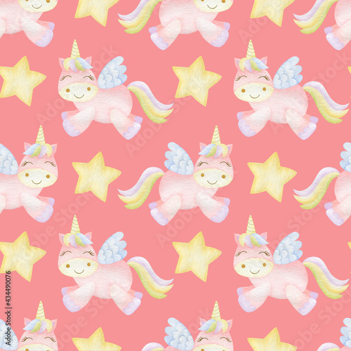 Watercolor seamless pattern of unicorns and stars on a pink background.