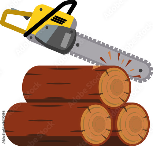 Saw cuts wood. Tool of lumberjack. Care of forest. Woodcutter operation. Harvesting of logs. Rural object. Yellow chainsaw.