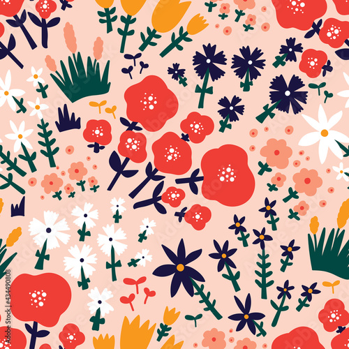 Cute floral seamless pattern with spring flower. Vintage flowers illustration. Template for fashion prints.