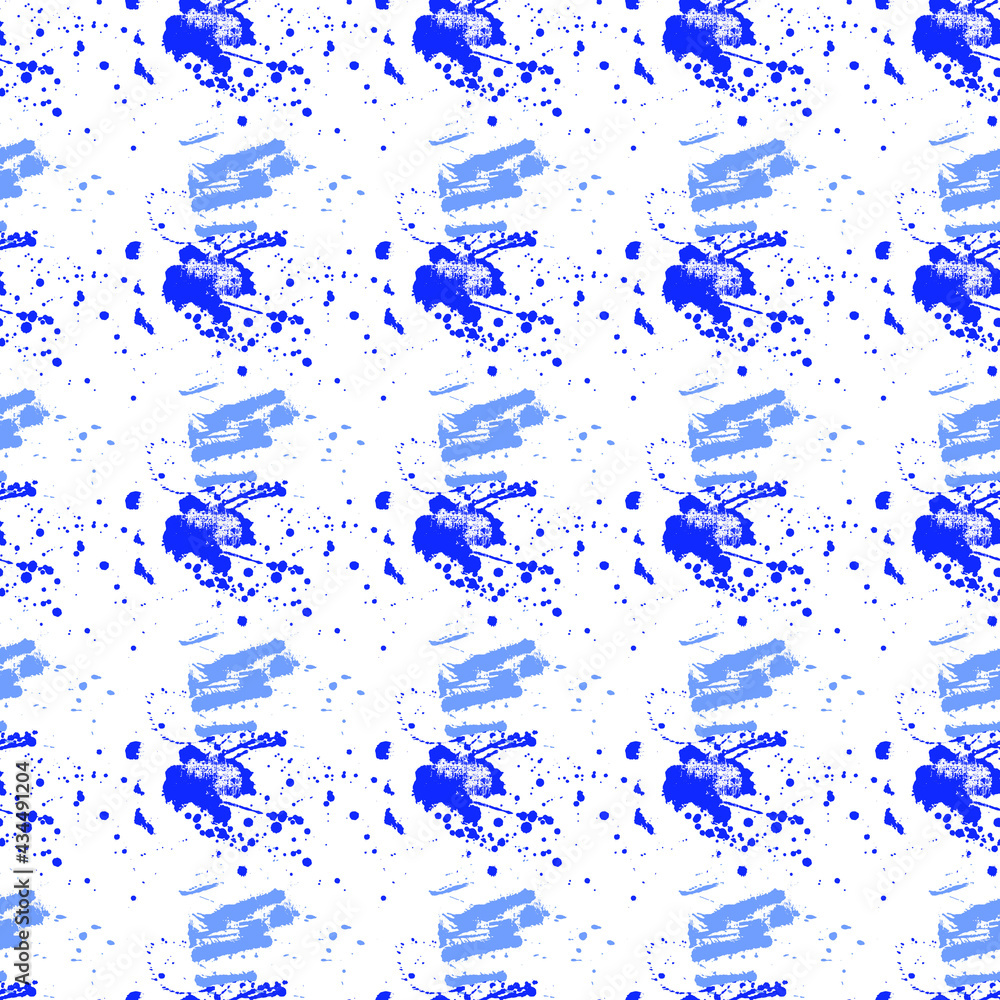 Seamless pattern with a pattern of blue spots of paint on a white background. Vector. Use for fabric, wallpaper, wrapping paper, napkins, diapers, backdrops.