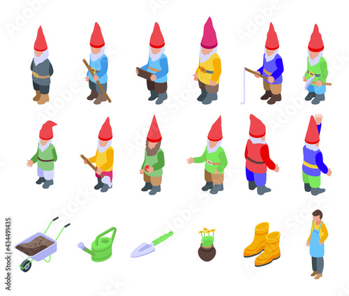 Garden gnome icons set. Isometric set of garden gnome vector icons for web design isolated on white background