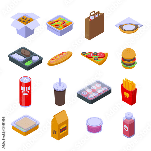Takeaway food icons set. Isometric set of takeaway food vector icons for web design isolated on white background