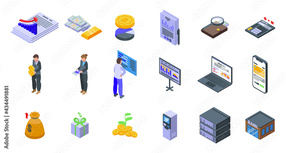Result money icons set. Isometric set of result money vector icons for web design isolated on white background