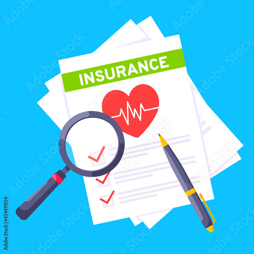 Medical insurance claim form with file paper sheets flat style design vector illustration. Concept of fill out or online survey healthcare insurance application form.