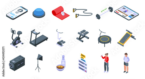 Fitness blog icons set. Isometric set of fitness blog vector icons for web design isolated on white background
