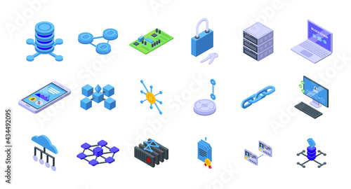 Block chain icons set. Isometric set of block chain vector icons for web design isolated on white background