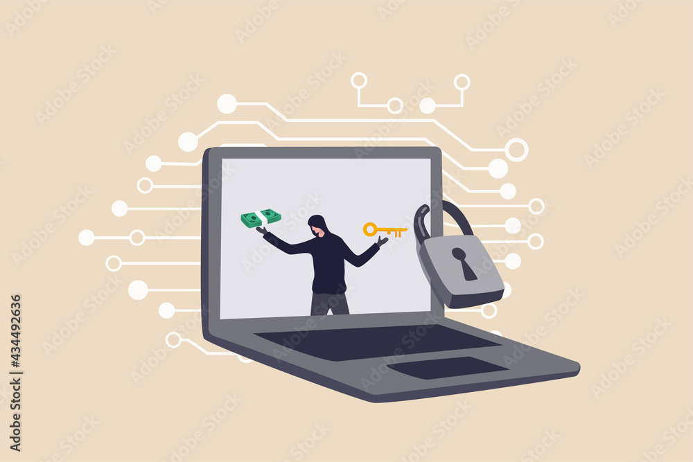 Ransomware computer crime, hacker attack company network ask for money to unlock data via internet concept, hacker in computer laptop monitor ask for ransom money to unlock the computer. Ransomware computer crime, hacker attack company network ask for money to unlock data via internet concept, hacker in computer laptop monitor ask for ransom money to unlock the computer.