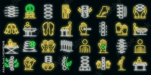 Osteopathy icons set. Outline set of osteopathy vector icons neon color on black