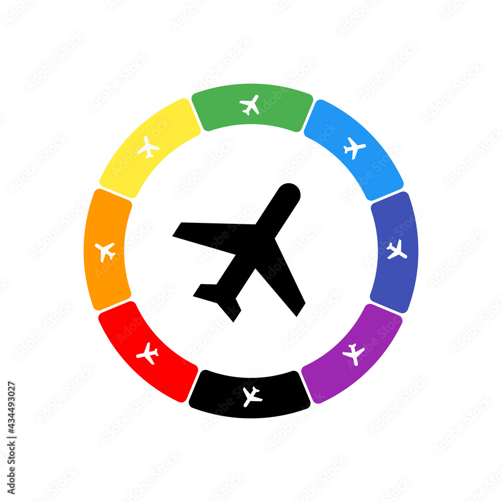 A large black plane symbol in the center, surrounded by eight white symbols on a colored background. Background of seven rainbow colors and black. Vector illustration on white background A large black plane symbol in the center, surrounded by eight white symbols on a colored background. Background of seven rainbow colors and black. Vector illustration on white background