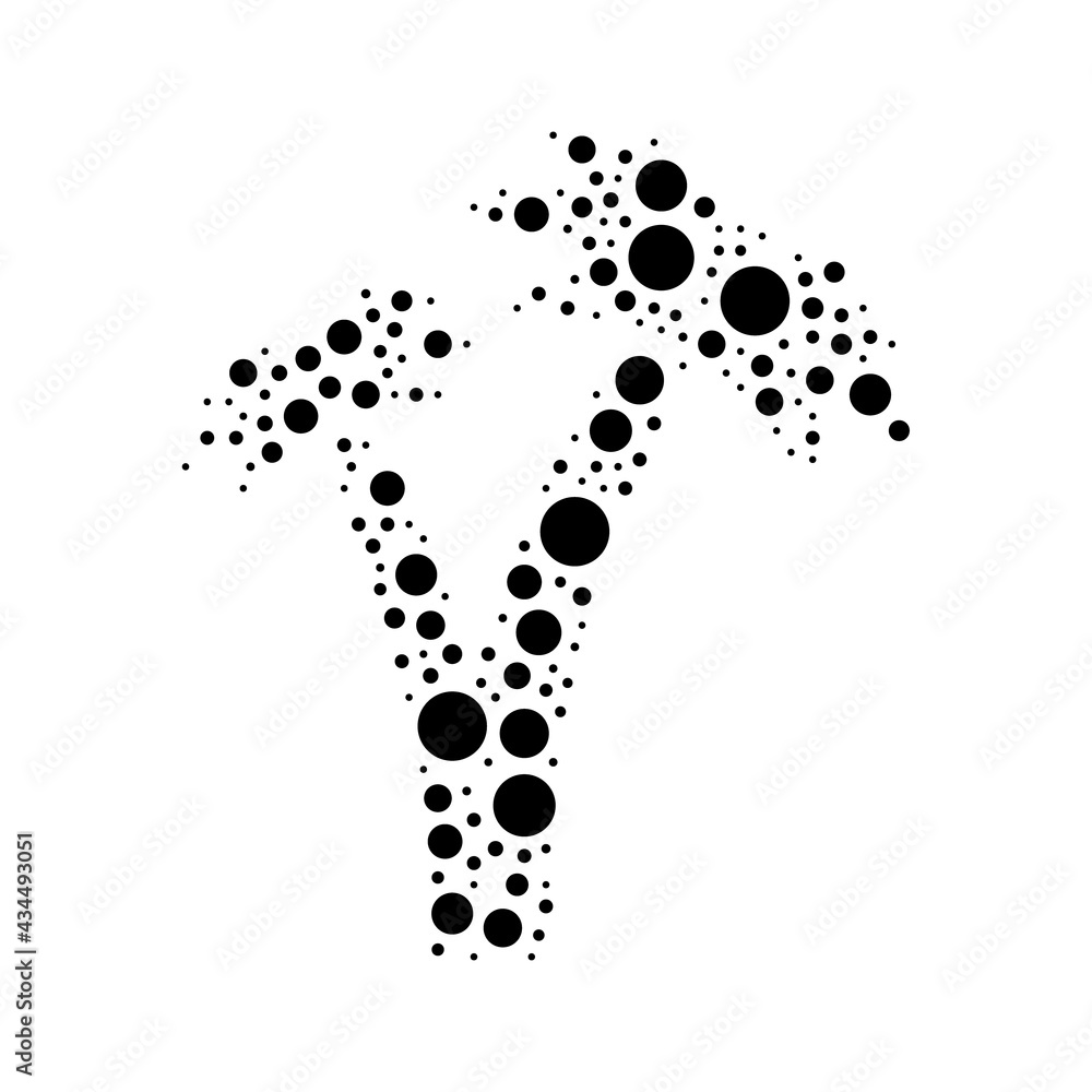 A large palm trees symbol in the center made in pointillism style. The center symbol is filled with black circles of various sizes. Vector illustration on white background