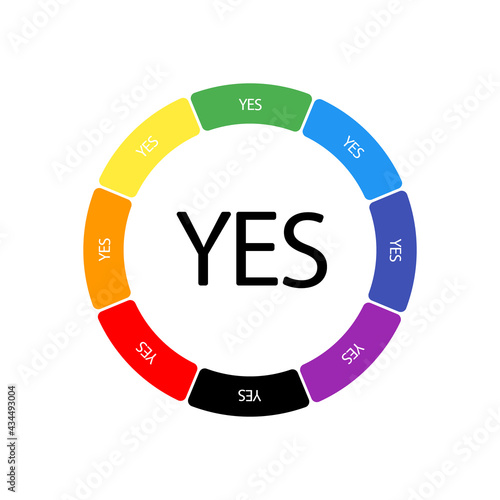 A large black yes symbol in the center, surrounded by eight white symbols on a colored background. Background of seven rainbow colors and black. Vector illustration on white background