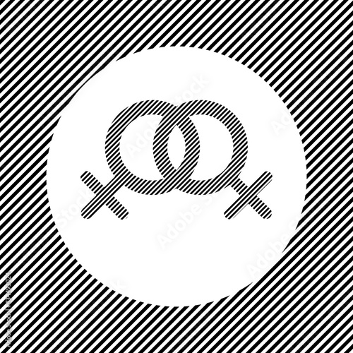 A large lesbian symbol in the center as a hatch of black lines on a white circle. Interlaced effect. Seamless pattern with striped black and white diagonal slanted lines