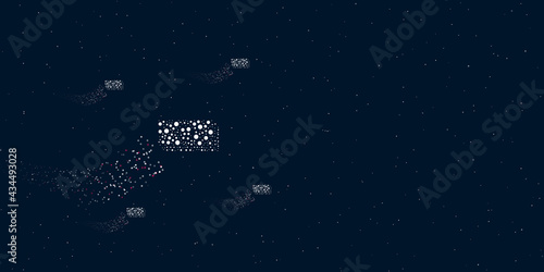 A money bundle symbol filled with dots flies through the stars leaving a trail behind. There are four small symbols around. Vector illustration on dark blue background with stars