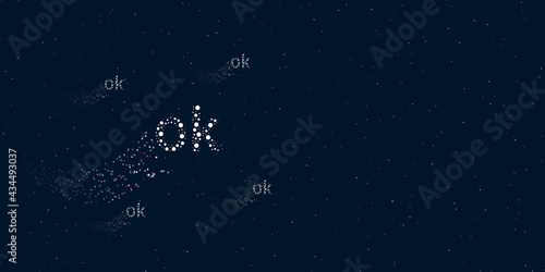 A ok symbol filled with dots flies through the stars leaving a trail behind. Four small symbols around. Empty space for text on the right. Vector illustration on dark blue background with stars