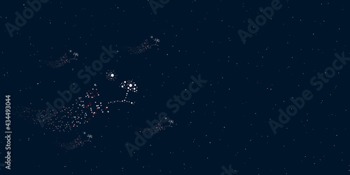A beach symbol filled with dots flies through the stars leaving a trail behind. Four small symbols around. Empty space for text on the right. Vector illustration on dark blue background with stars
