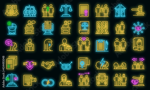 Divorce icons set. Outline set of divorce vector icons neon color on black