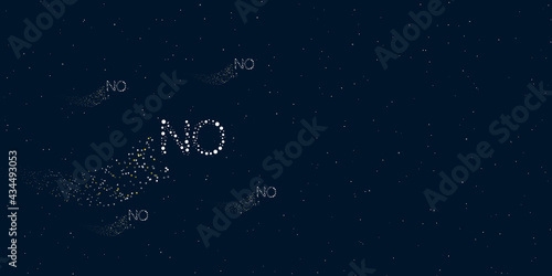 A no symbol filled with dots flies through the stars leaving a trail behind. Four small symbols around. Empty space for text on the right. Vector illustration on dark blue background with stars