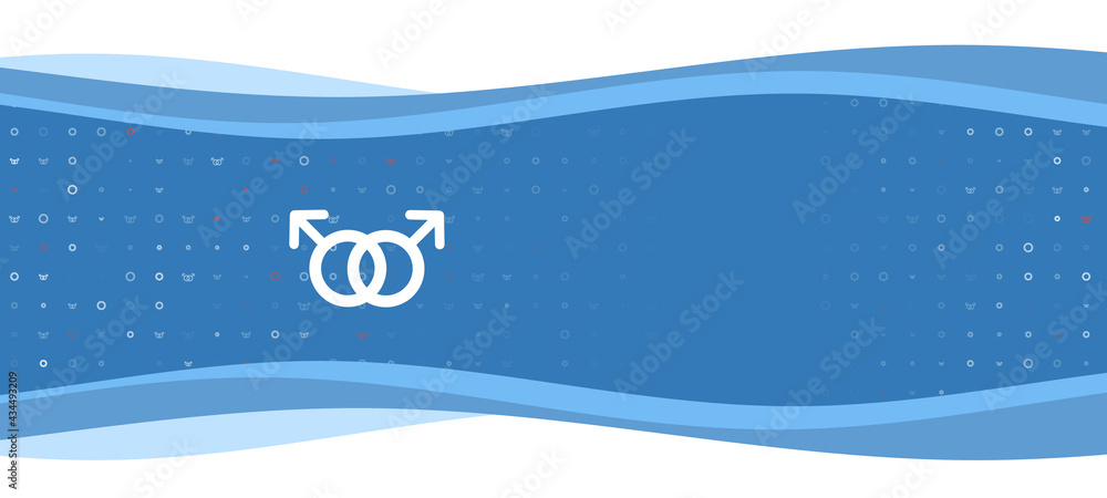 Blue wavy banner with a white homosexual symbol on the left. On the background there are small white shapes, some are highlighted in red. There is an empty space for text on the right side