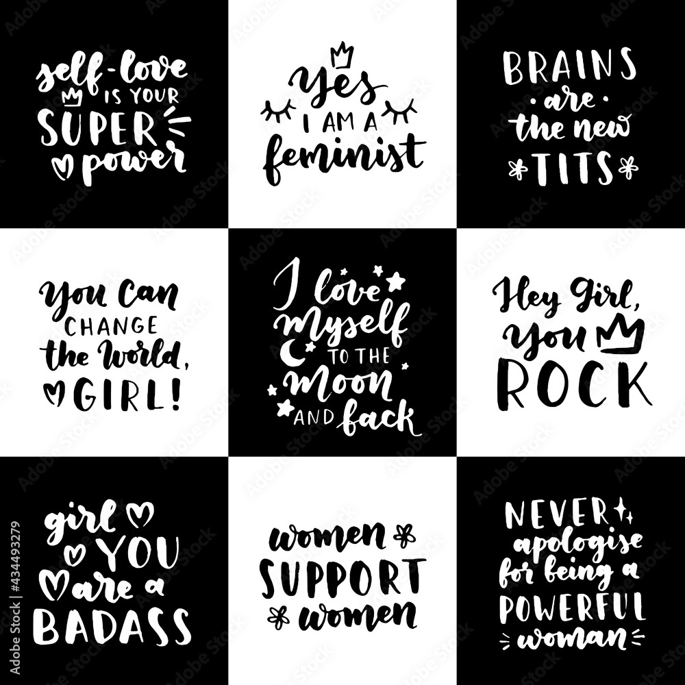 Set of women's rights quotes and phrases. Vector lettering about feminism, woman rights, motivational slogan. Women support and empower, care of yourself, self-care poster.