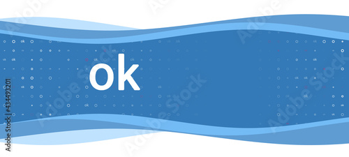 Blue wavy banner with a white ok symbol on the left. On the background there are small white shapes, some are highlighted in red. There is an empty space for text on the right side