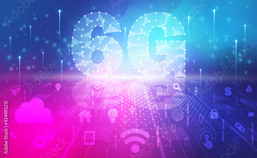 6G network wireless internet Wi-fi connection abstract background concept, Digital technology banner pink blue background binary code, abstract tech big data communication, High speed broadband vector