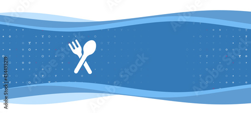 Blue wavy banner with a white dinner time symbol on the left. On the background there are small white shapes, some are highlighted in red. There is an empty space for text on the right side