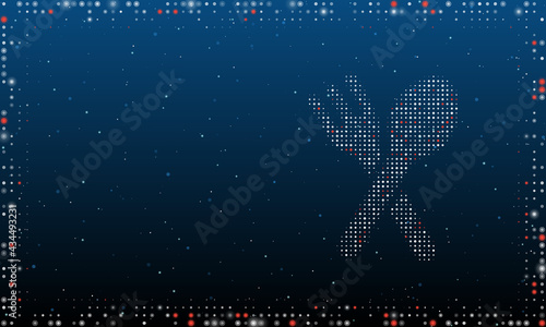On the right is the dinner time symbol filled with white dots. Pointillism style. Abstract futuristic frame of dots and circles. Some dots is red. Vector illustration on blue background with stars