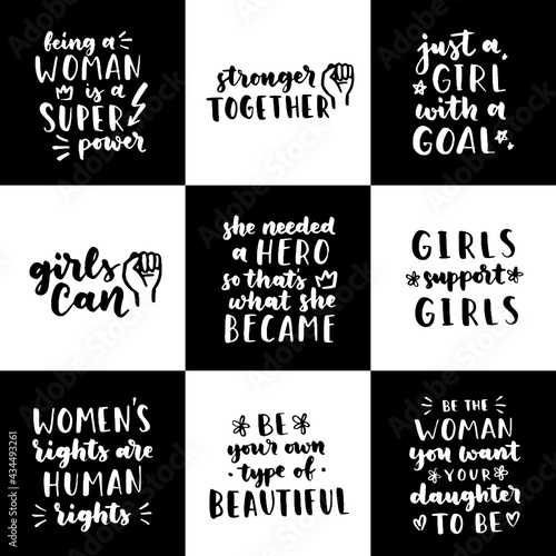 Set of women's rights quotes and phrases. Vector lettering about feminism, woman rights, motivational slogan. Women support and empower, care of yourself, self-care poster.