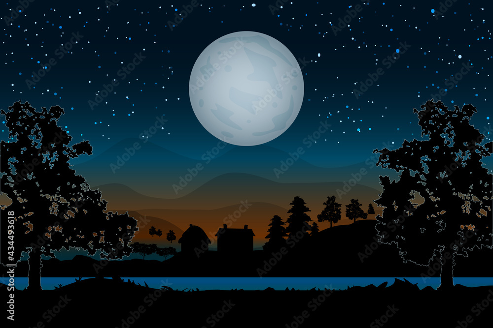 Landscape with houses, river, trees and moonlight on hills backdrop.Night village scenery with full moon and starry sky.Countryside panorama on the coast on evening in summer.Stock vector illustration