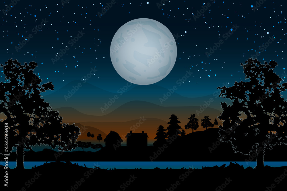 Fototapeta premium Landscape with houses, river, trees and moonlight on hills backdrop.Night village scenery with full moon and starry sky.Countryside panorama on the coast on evening in summer.Stock vector illustration