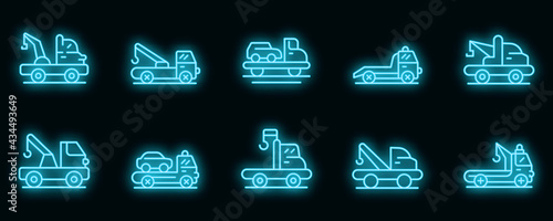 Tow truck icons set. Outline set of tow truck vector icons neon color on black photo