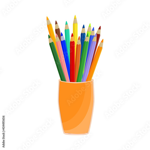 Colorful pencils in cup isolated on white background. Colored pencils in glass for office. Pencils in holder basket or organizer box. Back to school. Stationery supplies icon.Stock vector illustration