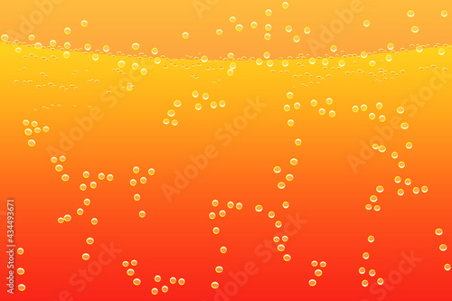Texture liquid with bubbles. Orange carbonated drink pattern. Water, beverage, juice, lemonade or soda. Golden sparklings fluid background. Air bubbles in yellow liquid. Stock vector illustration