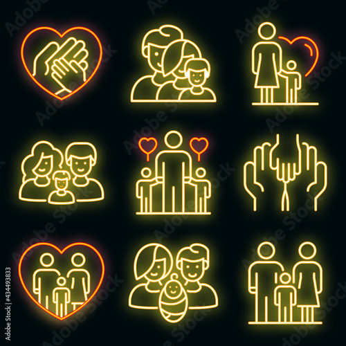 Foster family icons set. Outline set of foster family vector icons neon color on black