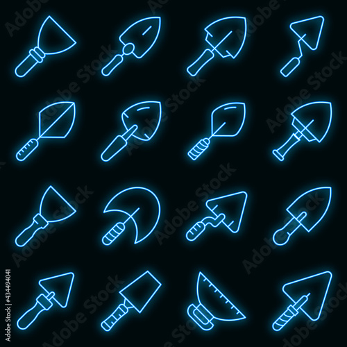 Trowel icons set. Outline set of trowel vector icons neon color on black