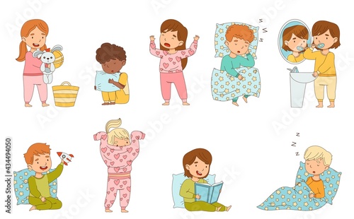 Cute Little Children Getting Ready to Bedtime Brushing Teeth, Reading Book and Sleeping in Their Beds Vector Set