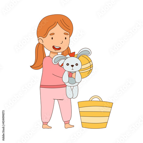 Cute Girl Picking Up Toys in Basket Getting Ready to Bedtime Vector Illustration