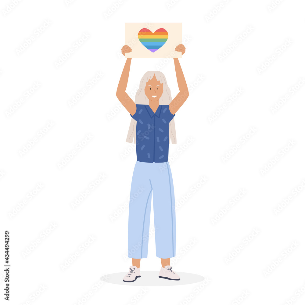 A lesbian with long hair in skirt and tattoo on leg at pride parade holding placard with word Love in rainbow color. Girl at demonstration for equal rights. LGTB activist. Vector character on white.