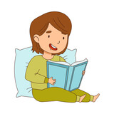 Cute Little Girl Leaning on Pillow Reading Bedtime Story Vector Illustration