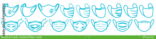 Set of medical face mask line icons. Various surgical and FFP masks and respirators. Vector Illustration