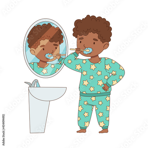 Little African American Boy Getting Ready to Bedtime Brushing Her Teeth Vector Illustration