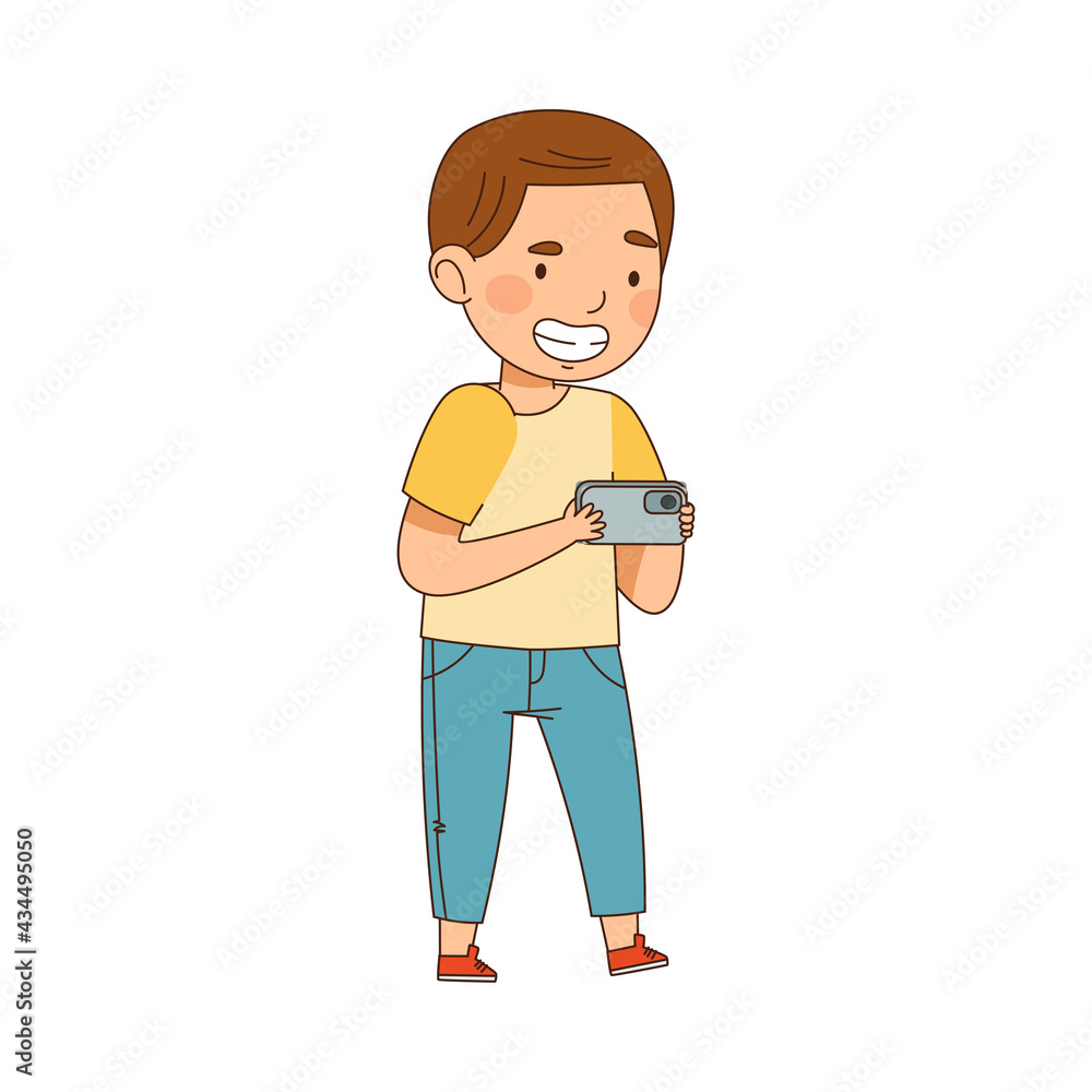 Little Boy with Smartphone Playing and Watching Video Vector Illustration