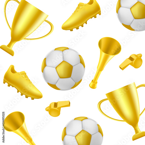 Football pattern with winner attributes like golden boot, cup trophey, golden ball and whistle and horn on white backdrop