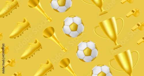 Golden soccer or football pattern with golden boot, horn and trophy cup and ball and whistle, best tournament award and fan attributes