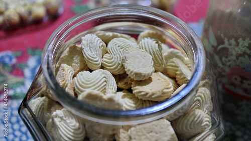 Kue Semprit, Indonesian Traditiona Cookies Served to Celebrate Lebaran Idul Fitri Ied Mubarak. Made from Butter, Flour, Egg, with Flower Shape