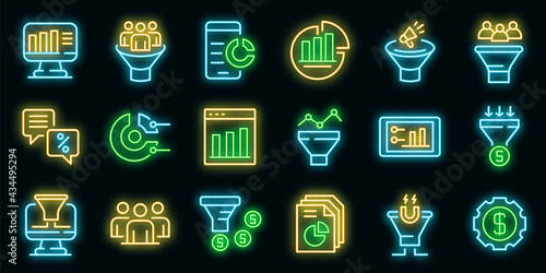 Conversion rate icons set. Outline set of conversion rate vector icons neon color on black