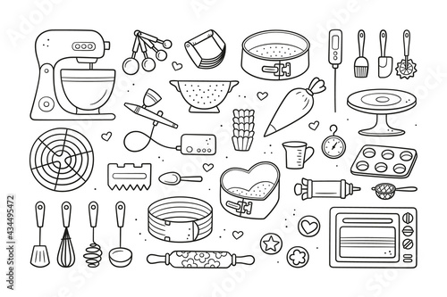 A set of tools for making cakes, cookies and pastries. Doodle confectionery tools - planetary stationary dough mixer, baking pans, measuring spoons. Hand drawn vector illustration on white background. photo